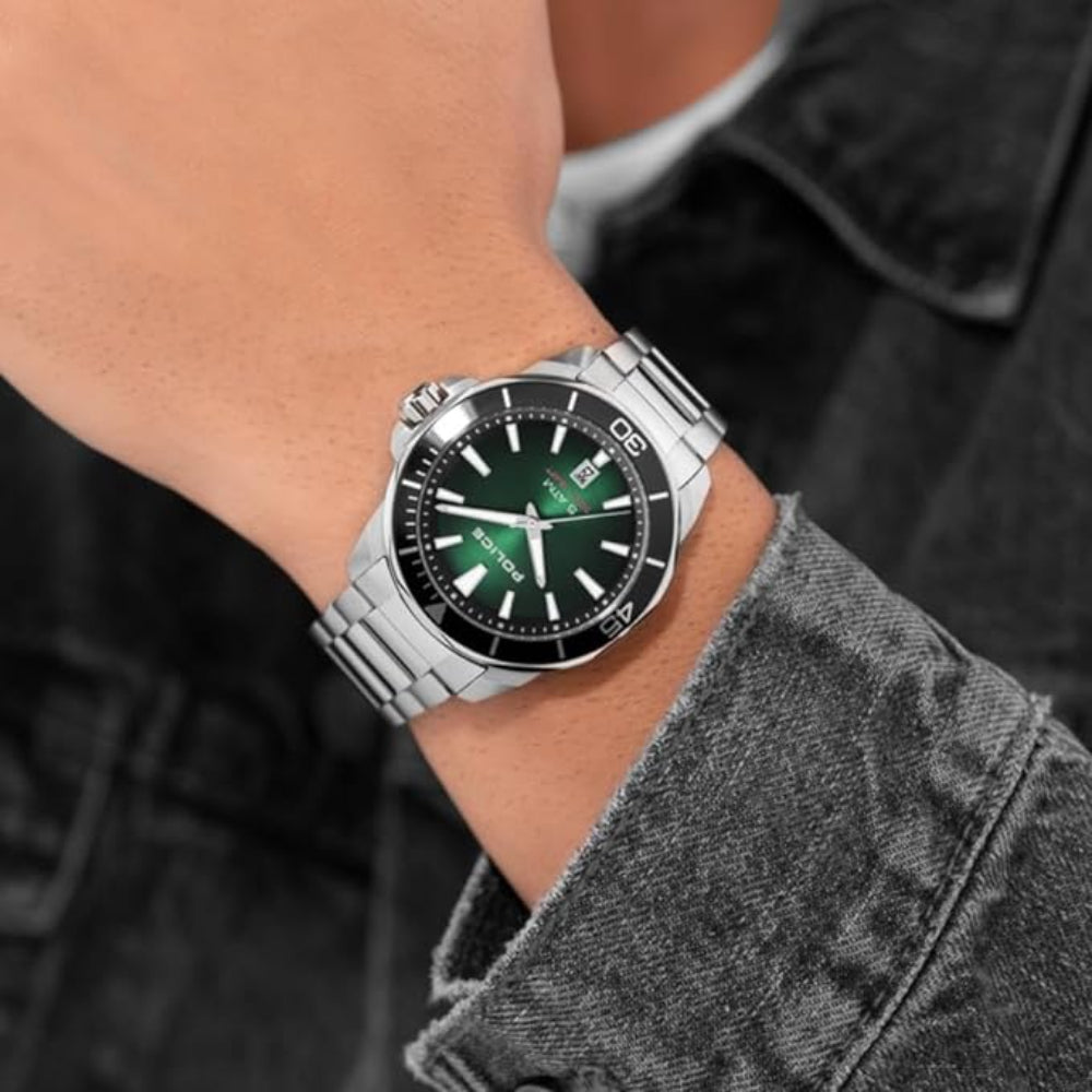 Police Thornton Gents Green Dial Stainless Steel Silver Watch 