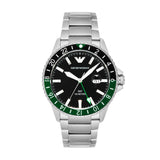 Emporio Armani GMT Dual Time Gents Black Dial Stainless Steel Watch