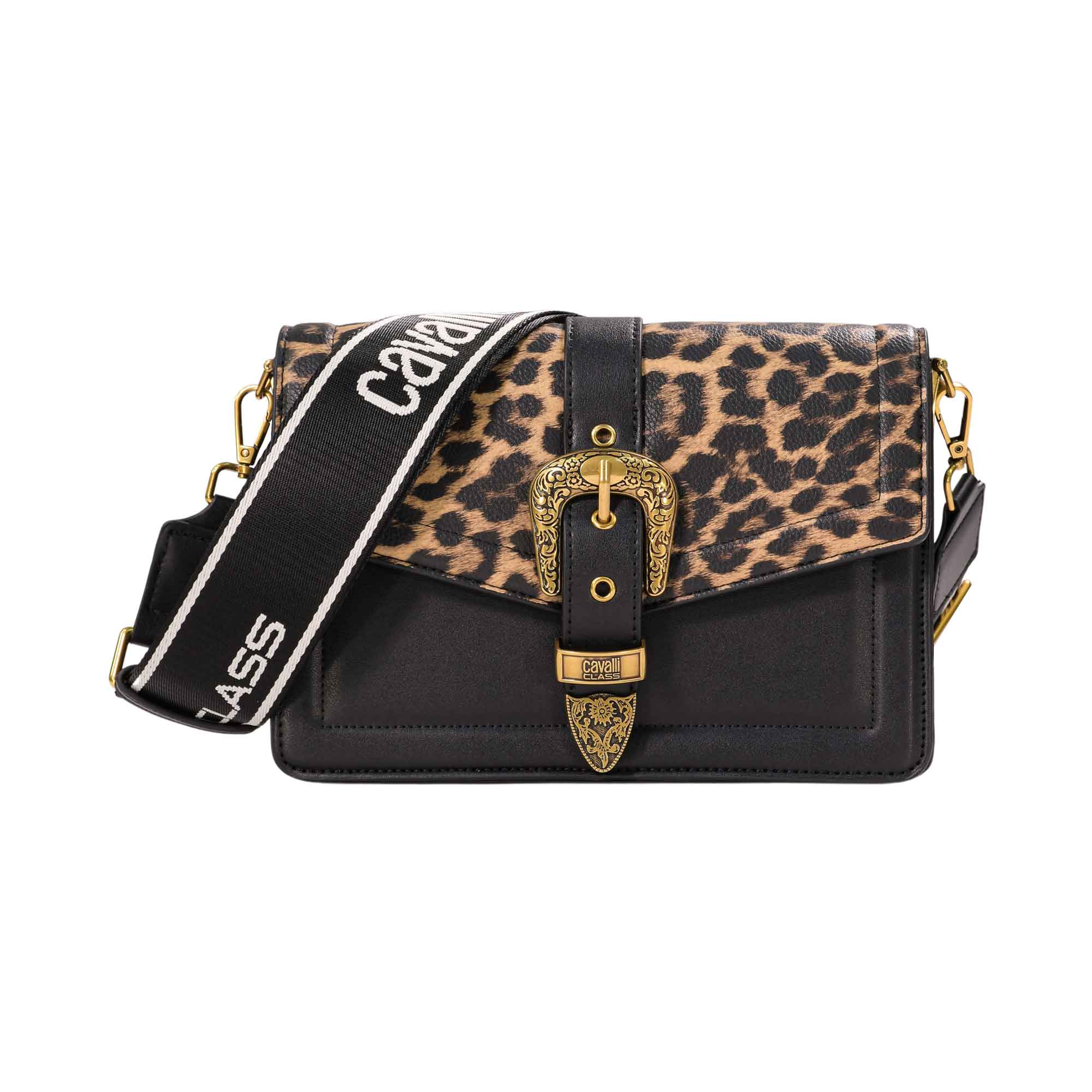 Cavalli Class Women s Black and Leopard Print Crossbody Bag Bluesalon