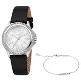 Esprit Ladies Silver-Tone Watch with Black Leather Strap & Matching Bracelet