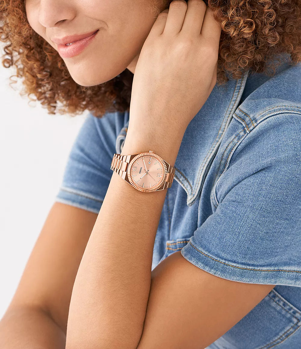 Fossil Scarlette Three Hand Date Rose Gold Tone Stainless Steel Watch Bluesalon