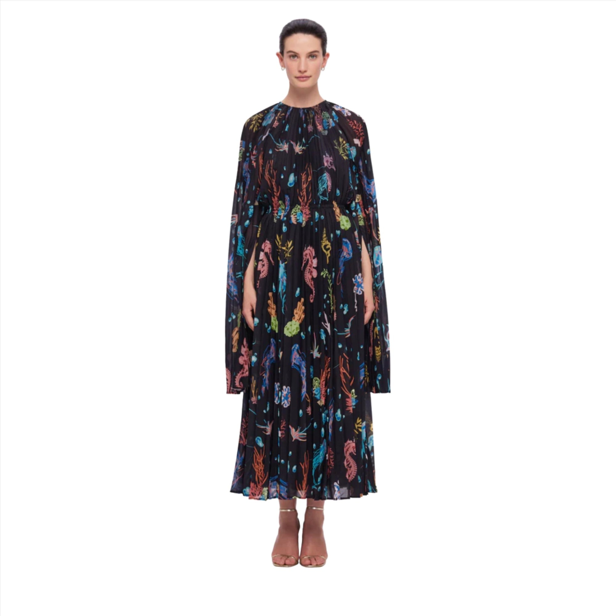 Leo Lin Women's Esme Bell Sleeve Midi Dress Twilight Print Black 