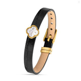 Guy Laroche Fleurine Ladies Gold-Plated Braceelt With Mother Of Pearl & Black Leather