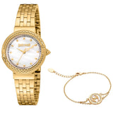 Just Cavalli Brave Snake Ladies White MOP Dial Yellow Gold Watch and Bracelet Set