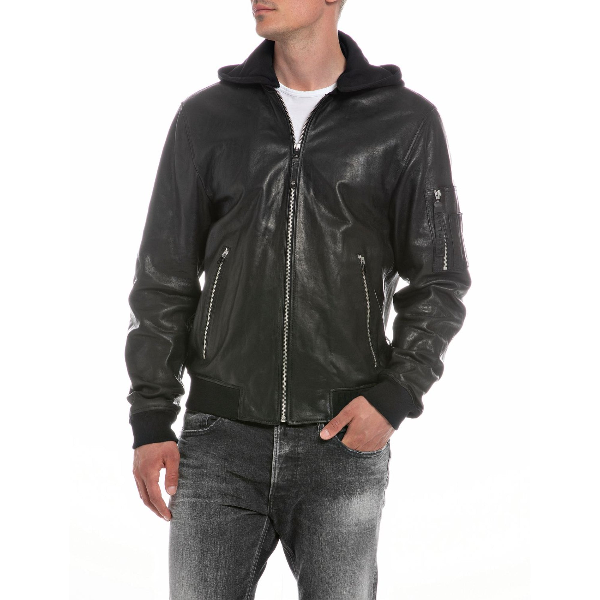 Replay Men s Leather Bomber Jacket with Hood Bluesalon