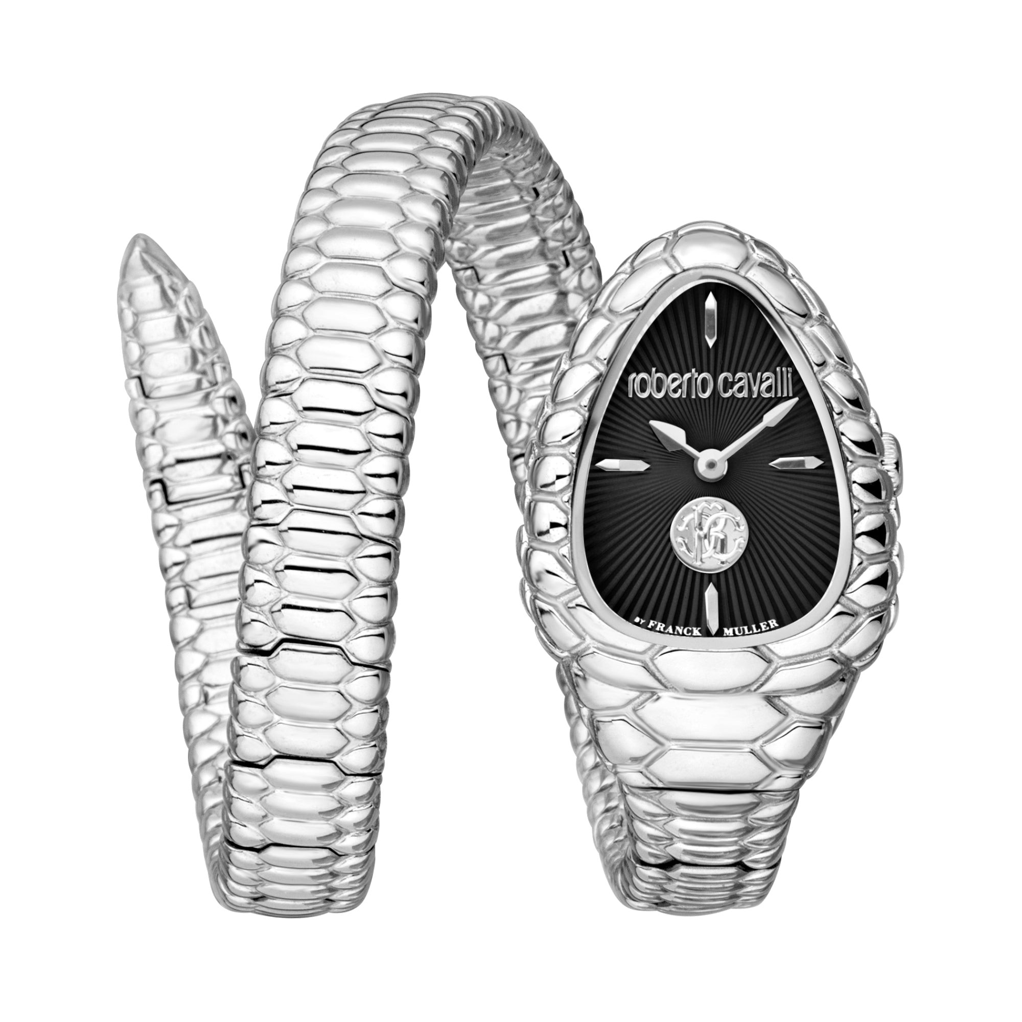 Roberto Cavalli Ladies Watch Serpent Head Silver Case Black Dial Sta Bluesalon