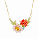 Les Nereides Red Dahlia And Pink Meadow Flower Pendant Necklace