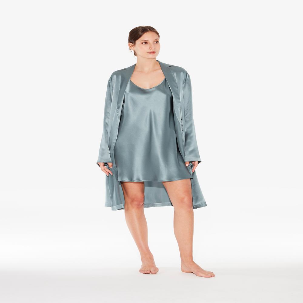 Blue silk satin short nightgown with frastaglio