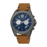Esprit Men's Watch Brown Leather Strap Gun Metal Case & Blue Dial With Date