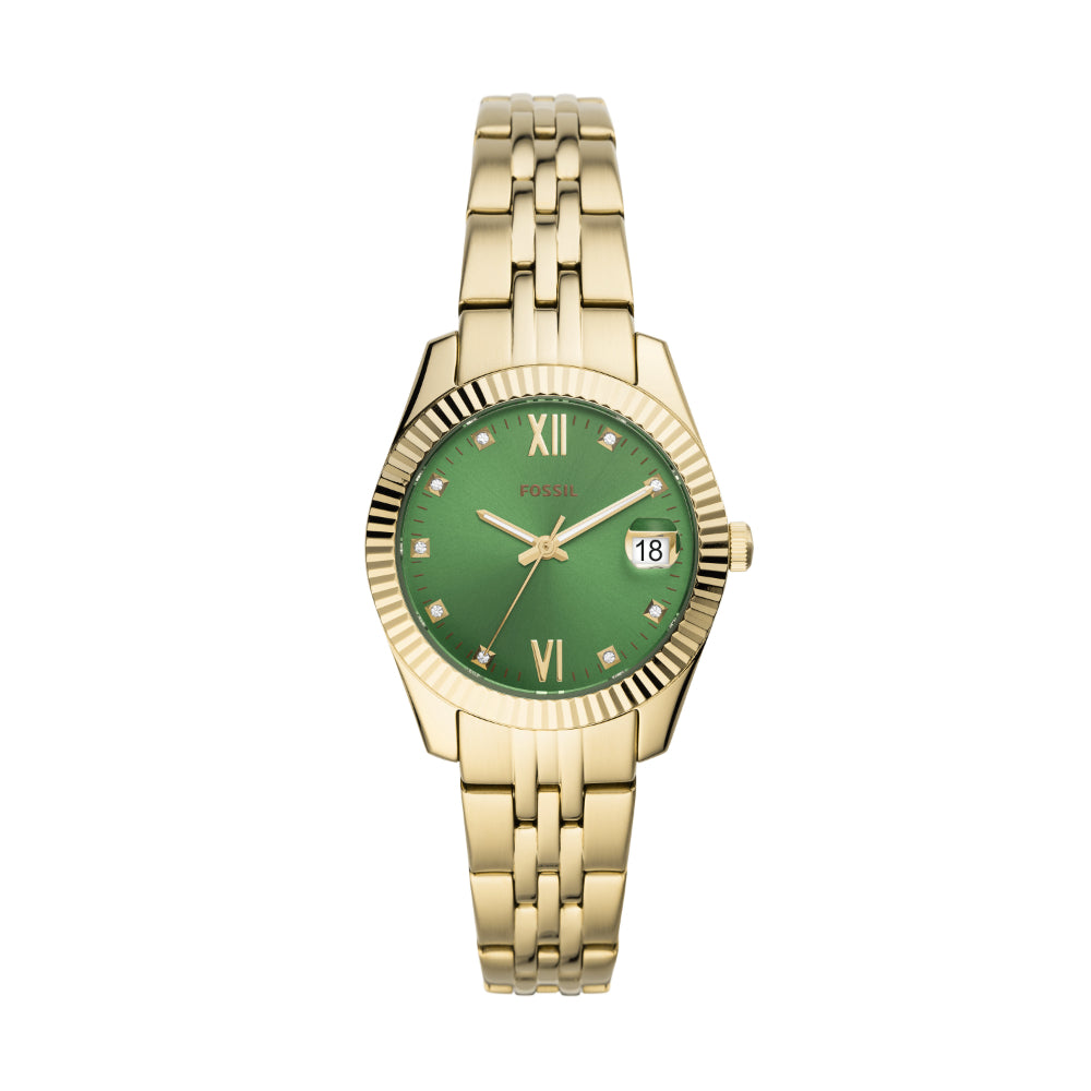 Fossil Scarlette Mini Green Dial Fixed Bezel Gold Tone Ladies Watch Bluesalon