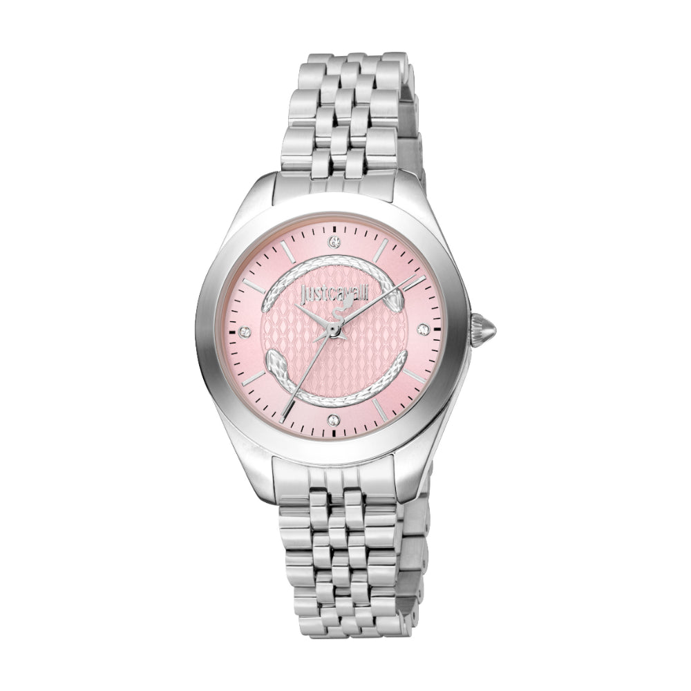 Women's silver watch with pink clearance face