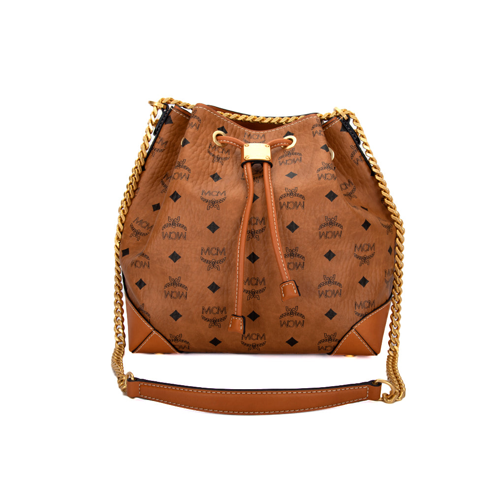 MCM Visetos Berlin Mini Drawstring Bucket Bag Cognac 1268103