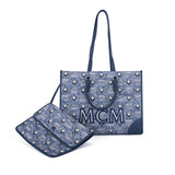 MCM Vintage Jacquard Tote Bag Blue  Large