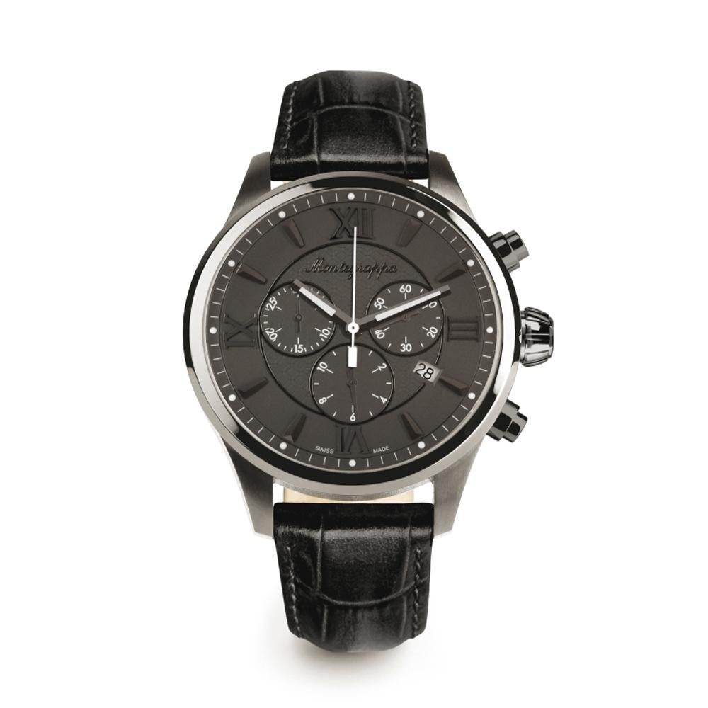 Montegrappa Fortuna Men's Chronograph Gun Metal Black Leather Strap Wa ...