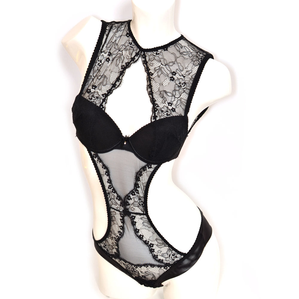 Black lace and tulle padded underwired body, Bodysuits